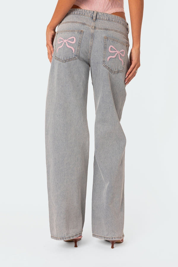 Wide-Leg Denim Jeans – Pink Bow – Regular Fit