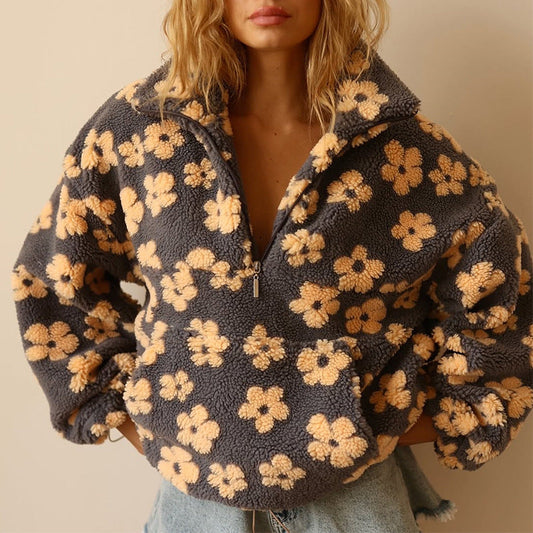Azelma - Long Sleeve And Floral Print Fleece Sweater