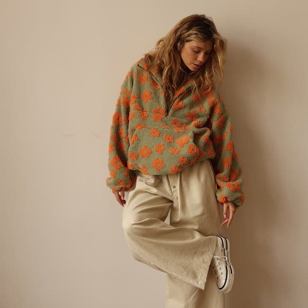 Azelma - Long Sleeve And Floral Print Fleece Sweater
